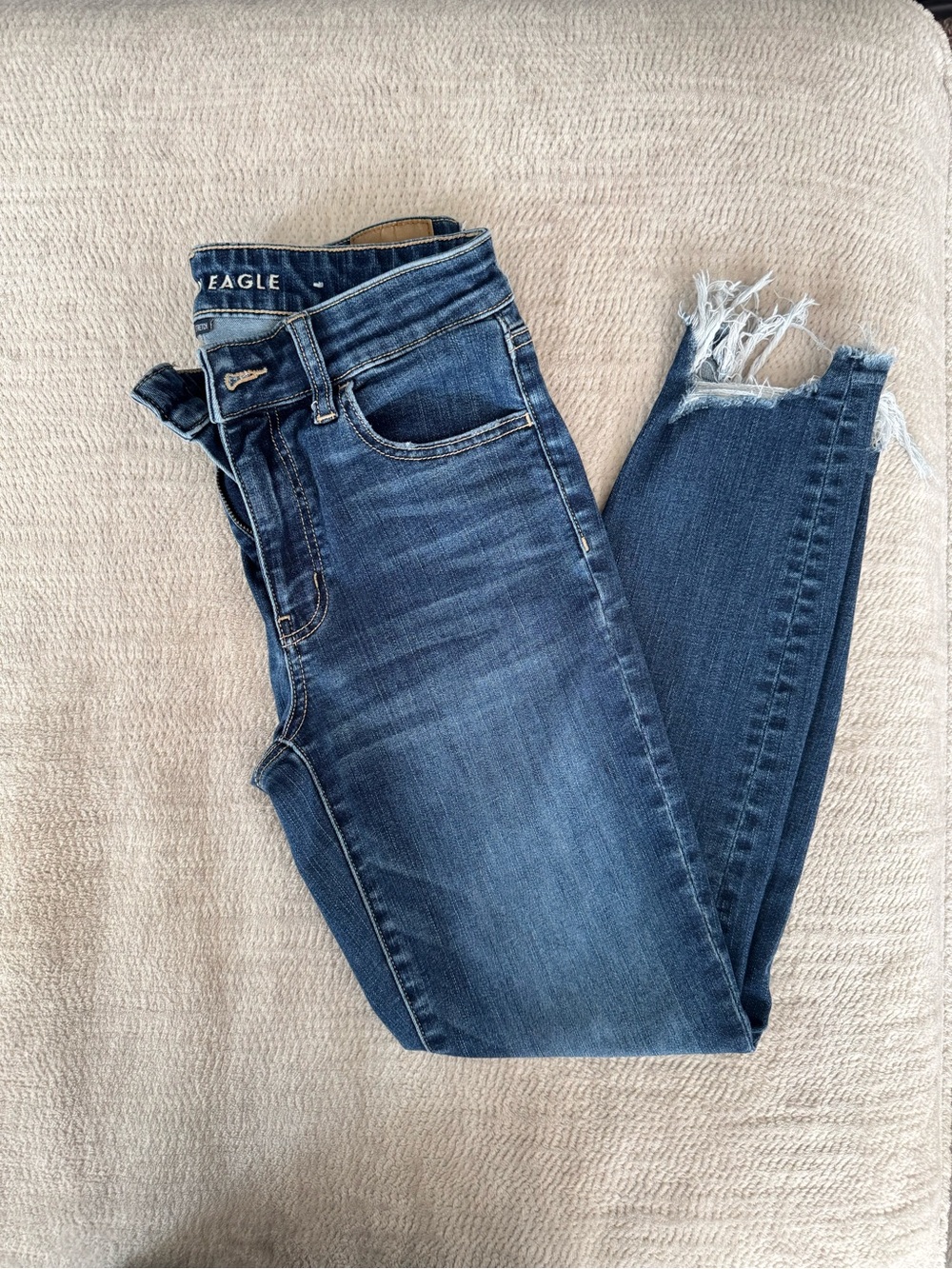 American Eagle Outfitters Dark Blue Frayed Ankle Skinny Jeans
